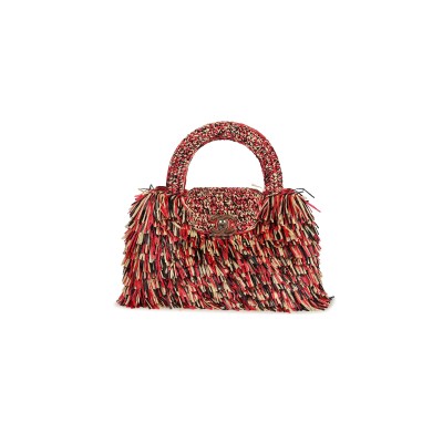 CHANEL MASTER SMALL FRINGE KELLY RED BEIGE BLACK RAFFIA WOOD AND LIGHT GOLD HARDWARE (19*13*7cm) 
